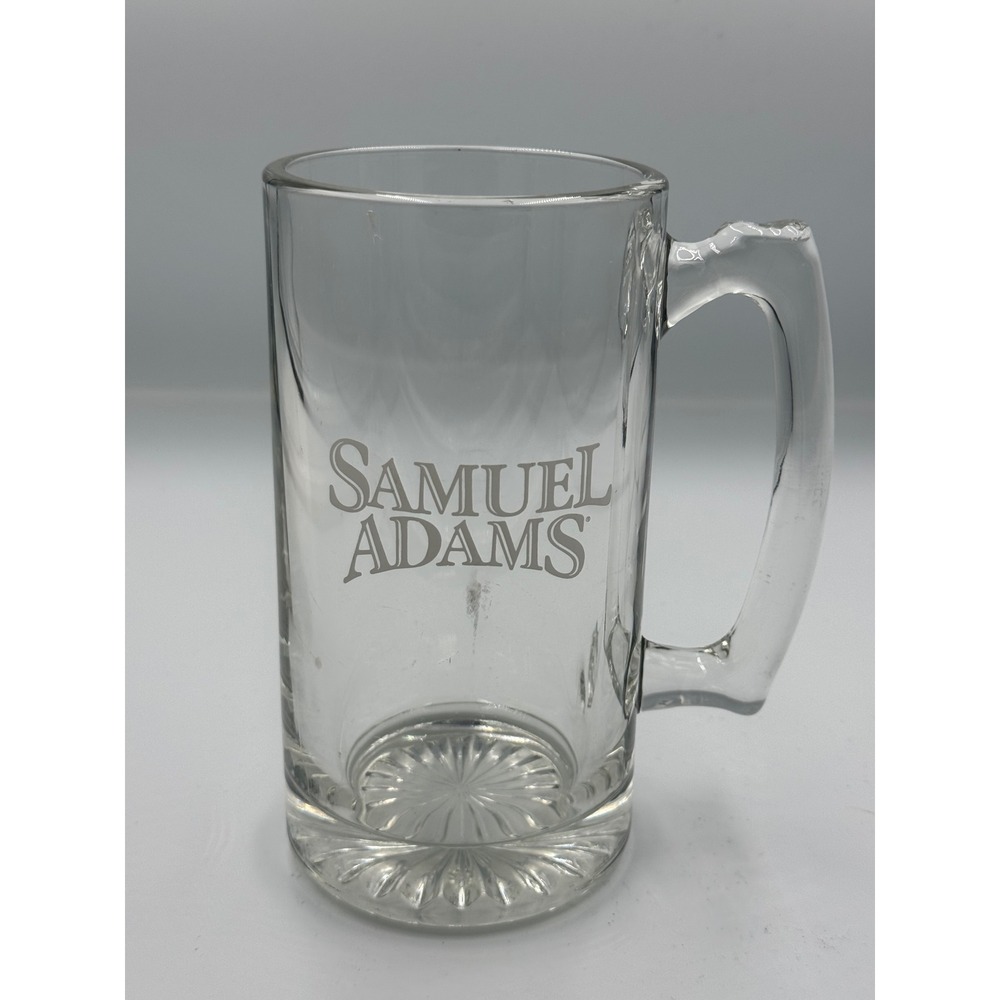 Samuel Adams Glass Beer Mug Clear Etched Logo Tankard Sunburst Base Home Bar 12